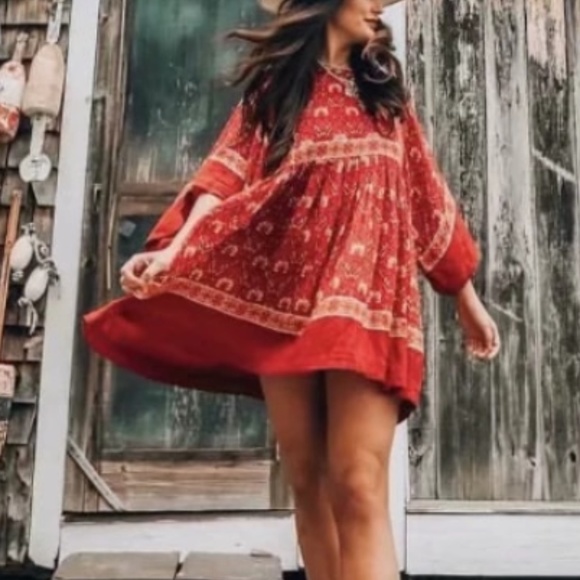 Bohemian Red floral Print Babydoll Mini Dress - Picture 2 of 9